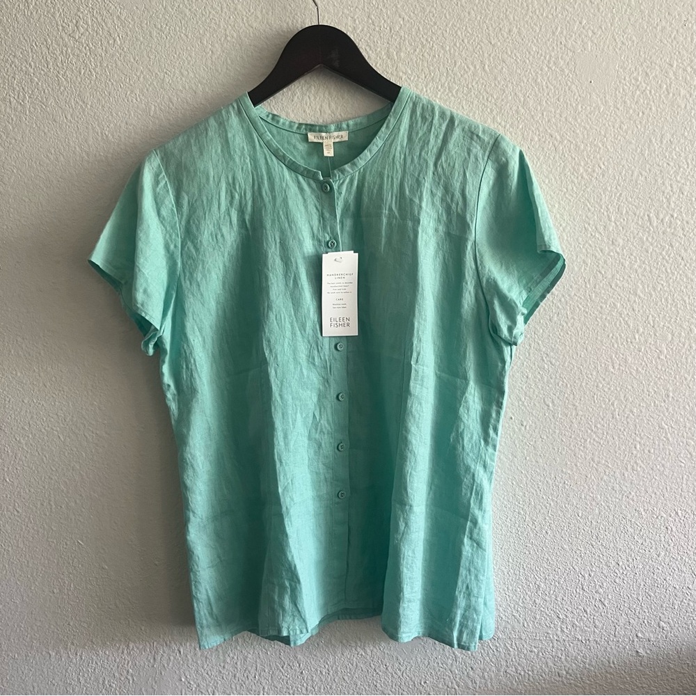 Eileen Fisher Handkerchief Linen Green Short-Sleeve Button Up Shirt Size Med NWT
